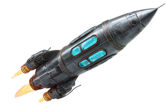 Retro rocket ship soaring through space