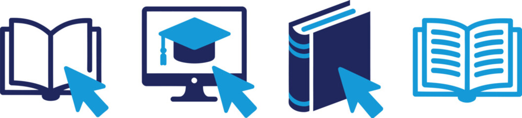 Icons of books and a computer screen with a graduation cap on the screen