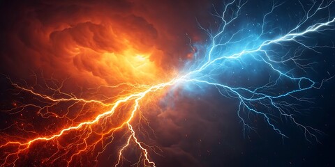 Fiery orange and electric blue lightning clash dramatically in a dark, stormy sky; powerful nature background image.