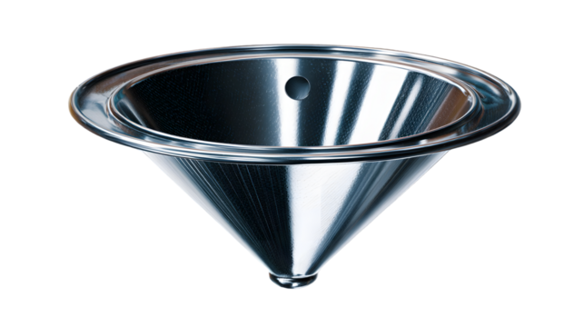 Shiny metal funnel presents a sleek conical shape against a dark backdrop, ideal for industrial or scientific visualization, silhouette, transparent background - Powered by Adobe