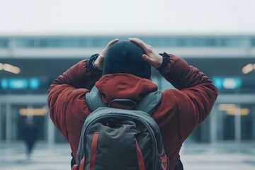 Flight cancellation stress with a traveler standing at a gate with their hands on their head looking at the cancellation