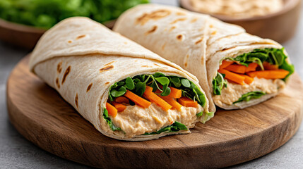 Fresh wrap with hummus, lettuce, and carrots wooden board, showcasing vibrant colors and healthy