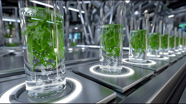 A row of glass vases filled with green liquid