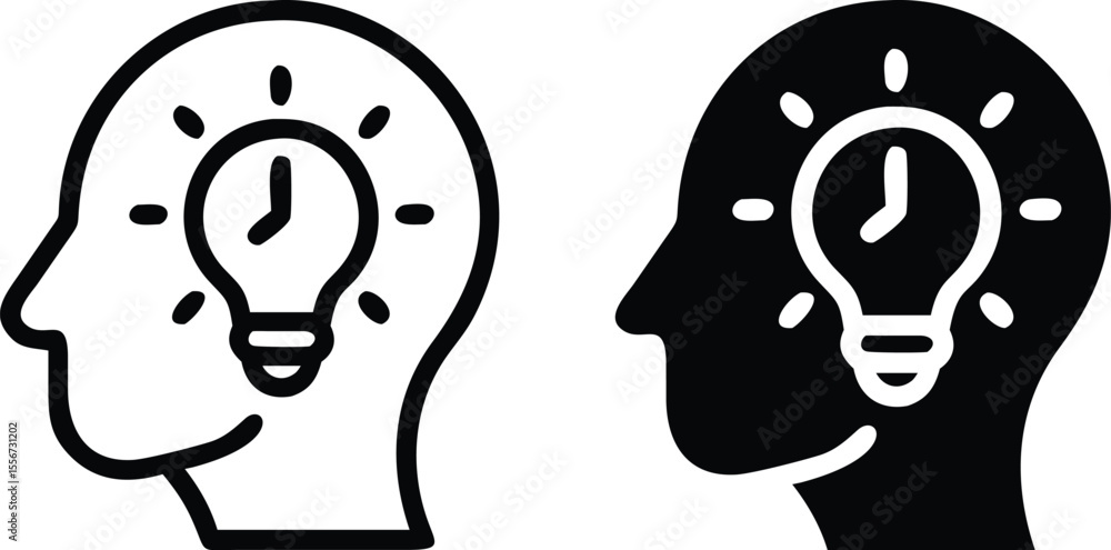 Poster minimalist head profile icon with lightbulb and clock – conceptual line art for time and idea themes