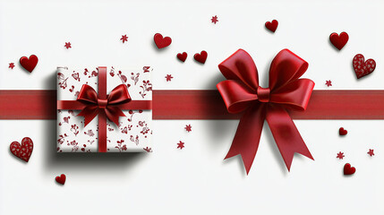 Beautifully wrapped gift box adorned with red ribbon and surrounded by decorative hearts, perfect for expressing love and affection