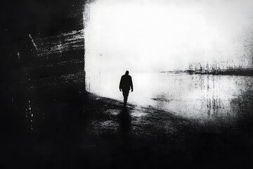 Obraz premium A lone figure walking through a tunnel with soft, blurry light at the end, representing the struggle to find light at the end of mental health battles. 