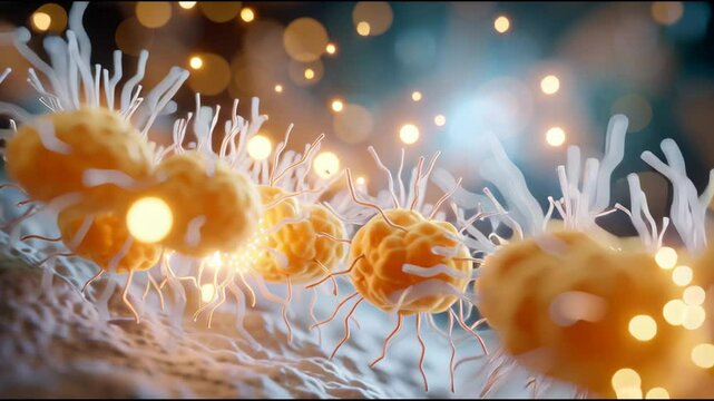 A close up of a bacteria fuzzy orange blob with a bunch of small orange things on it