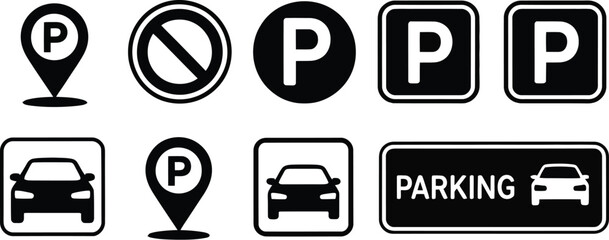 An illustration of various parking and no parking signs in black and white