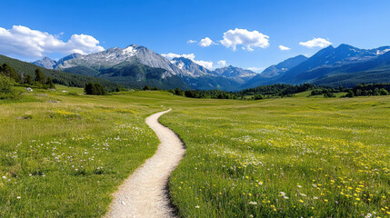 Scenic highland meadow features winding path surrounded by vibrant wildflowers and majestic