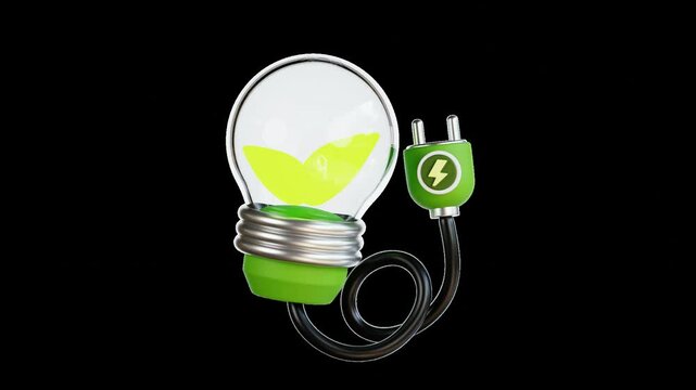 Video Animation 3d Green light bulb with leaves inside, plugged in with black cord. Ideal for ecofriendly concepts, renewable energy, sustainability, and environmental themes.