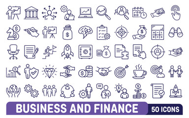 Collection of 50 business and finance line icons representing growth strategy teamwork and financial success