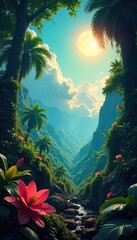 Bioluminescent Paradise Lush Jungle Canopy Overflowing with Vibrant Flora Under a Sunny Sky