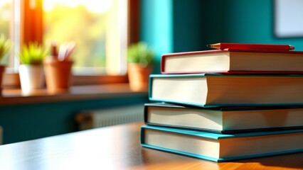 Fototapeta premium Back to school stacked books natural light