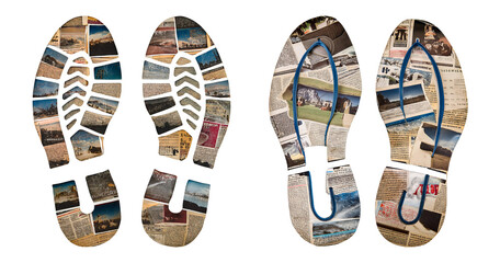 Creative Footprint Collage with Travel Photos and Articles Inserted, PNG bundle collection, Isolated on Transparent Background