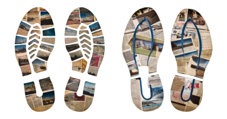 Creative Footprint Collage with Travel Photos and Articles Inserted, PNG bundle collection, Isolated on Transparent Background