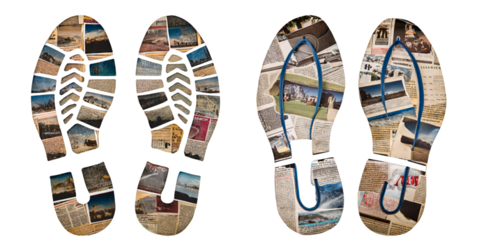 Creative Footprint Collage with Travel Photos and Articles Inserted, PNG bundle collection, Isolated on Transparent Background