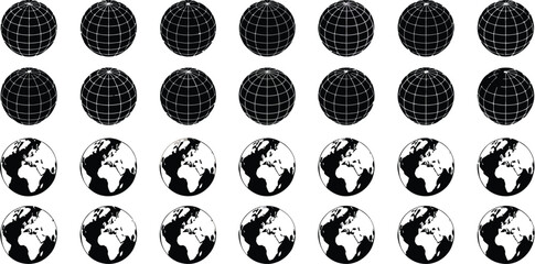 Rows of globes with grid lines and continents on a gradient background