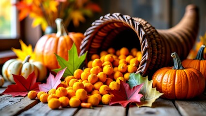 Thanksgiving cornucopia with harvest, rustic display
