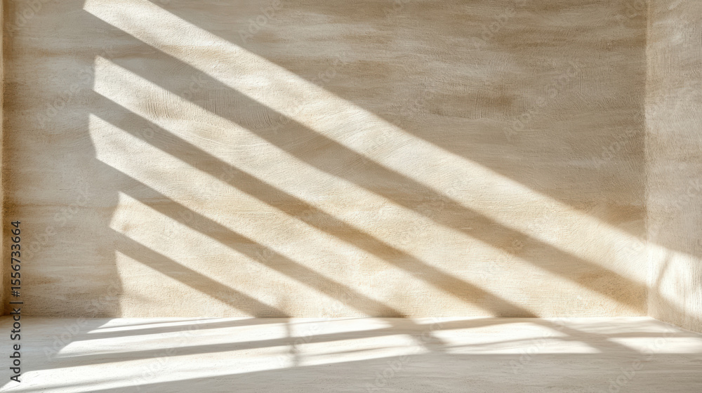 Poster minimal layout with natural light casting shadows on textured wall, creating serene atmosphere
