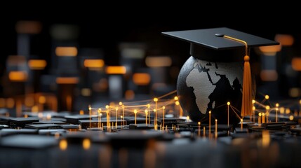 Graduation Cap on Globe with Connectivity Cables Symbolizing Global Education and Digital Learning Opportunities