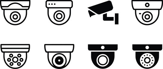 Eight security camera icons in various styles on a white background © FalakNawaz