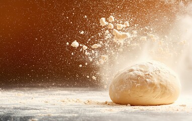 Dramatic splash of flour as dough hits table