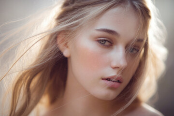Fototapeta premium A soft, ethereal portrait photograph with natural lighting. The subject has long, flowing blonde hair catching golden sunlight, creating a dreamy backlit effect. 
