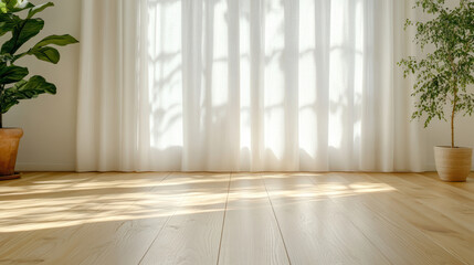 Bright minimalist room with wooden floor and plants, sunlight streaming through sheer curtains