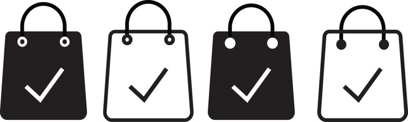 Shopping Bag Check Mark Icon set.purchase success symbol, representing order completion, success,Symbol isolated white background vactor,
