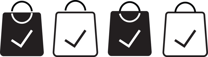 Shopping Bag Check Mark Icon set.purchase success symbol, representing order completion, success,Symbol isolated white background vactor,
