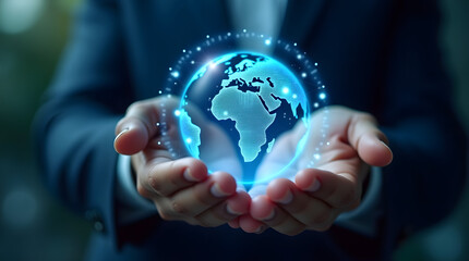 Futuristic Hands Holding a Glowing Holographic Earth with Global Connectivity Network in a Dark Professional Setting