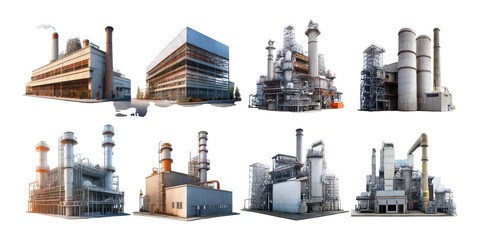 Industrial Power Plant Complex in Various Angles, PNG collection, set bundle, isolate on transparent or white background