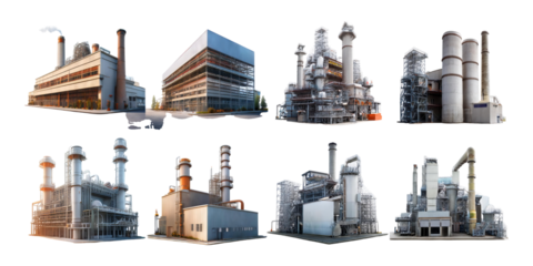 Industrial Power Plant Complex in Various Angles, PNG collection, set bundle, isolate on transparent or white background