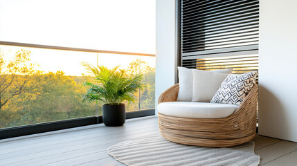 Cozy lounge chair on modern balcony with beautiful sunset view and greenery