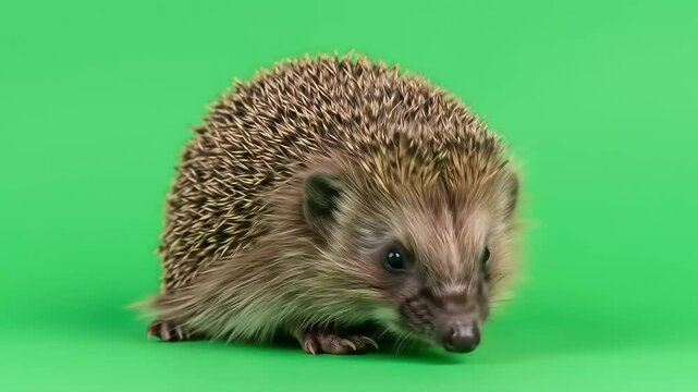 Close-up of a hedgehog on a bright green background.