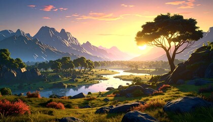 Fototapeta premium stunning digital landscape painting of a tranquil river valley at sunset, surrounded by majestic mountains and lush greenery. perfect for nature, travel, and serenity themed projects.