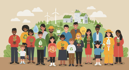 The people represent various ages and backgrounds, highlighting a united effort for a greener, more sustainable world.