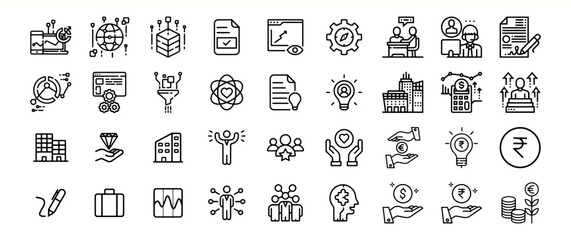 Black and White Business Icon Collection Set Line Icons