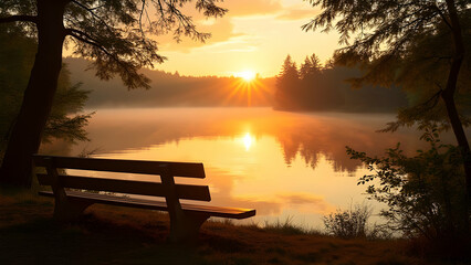 Bench overlooking a misty lake at golden hour sunset