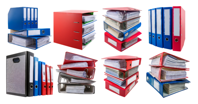 Colorful office folders and files stacked on a white background, isolated on transparent background