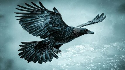 Majestic black bird in flight over icy water - Powered by Adobe