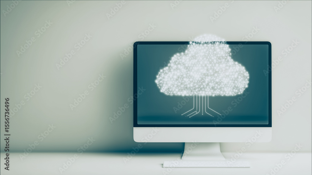 Poster cloud computing visualization: a sleek computer monitor displays an artistic representation of a clo