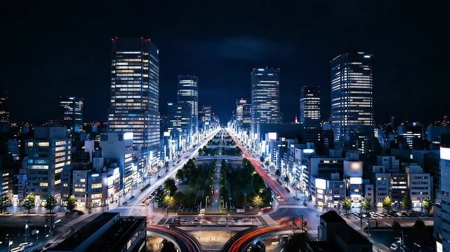 高層ビルが立ち並ぶ都市の夜景と光り輝く大通り