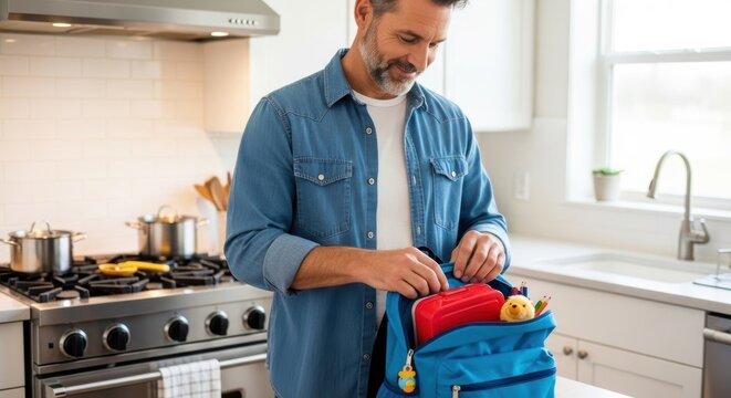 Dad packing lunch and snacks for a child into a blue backpack in the kitchen