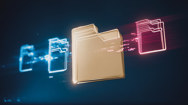Digital Data Transfer: Visualize seamless file transfers and data migration with this dynamic image. Illustrating a glowing folder moving information between digital systems. 