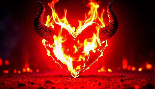 Burning Heart with Horns A fiery symbol of forbidden love and dark passion.