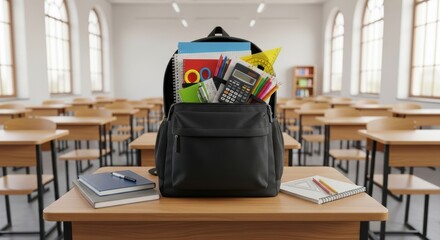 A fully stocked backpack sits open on a classroom desk ready for learning