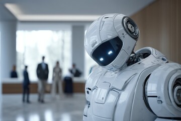 A humanoid robot working at a customer service desk, humans walking away in background, contrast between machine efficiency and human emotion, cool sterile lighting.