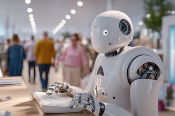 A humanoid robot working at a customer service desk, humans walking away in background, contrast between machine efficiency and human emotion, cool sterile lighting.