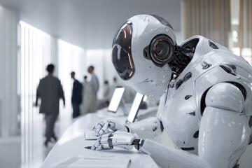 A humanoid robot working at a customer service desk, humans walking away in background, contrast between machine efficiency and human emotion, cool sterile lighting.